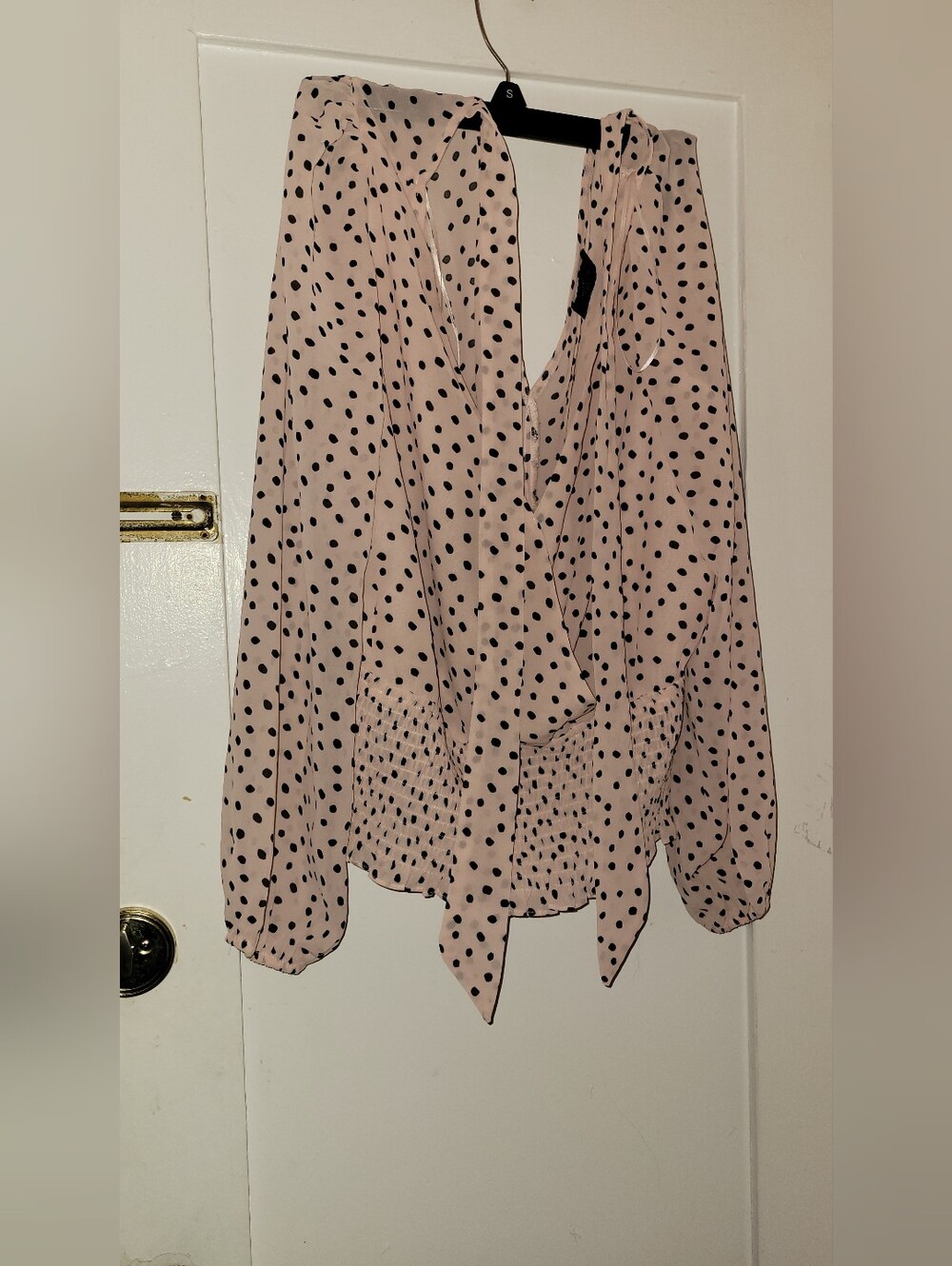 Polka Dot Tie-Front V-Neck Blouse in Light Pink